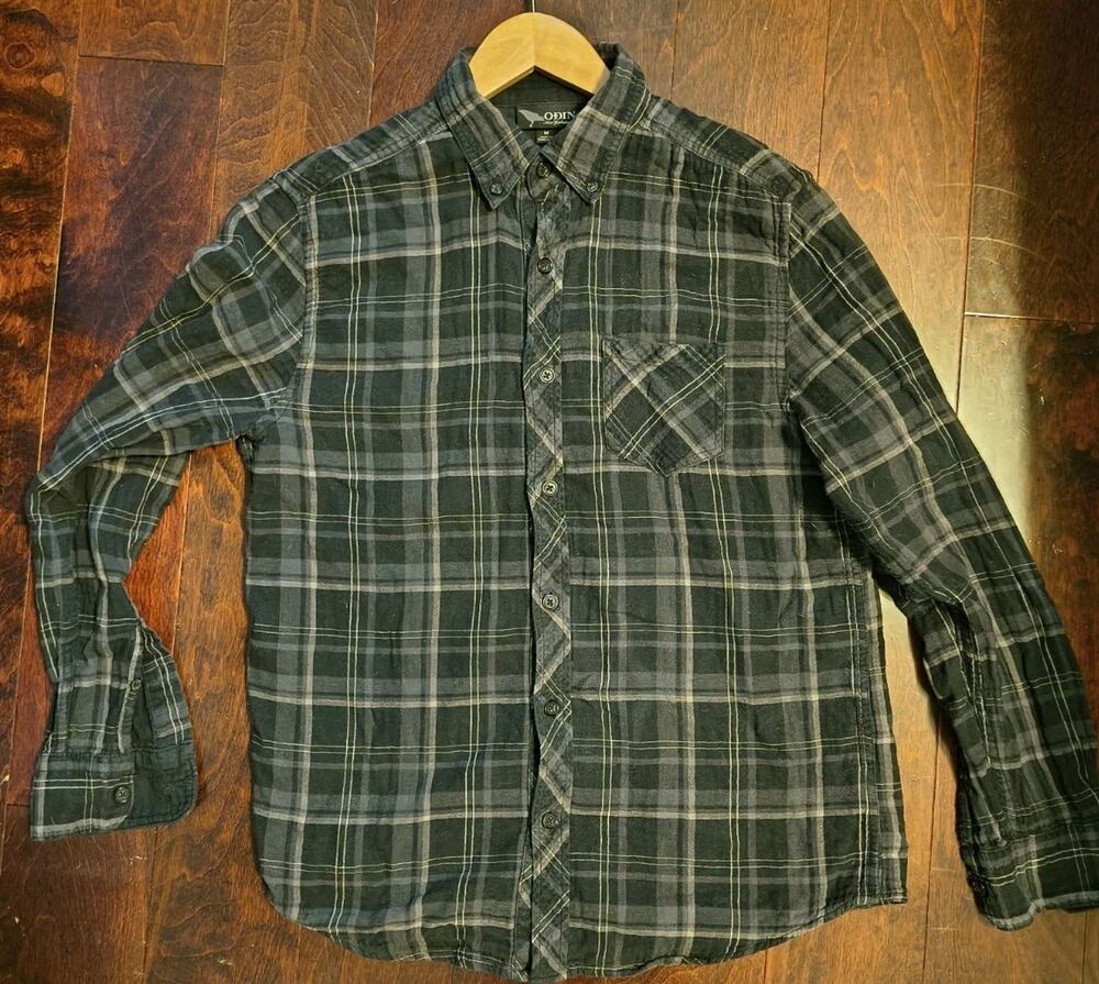 Odin New York Black Gray Plaid Flannel Button Down Shirt Men's Size M